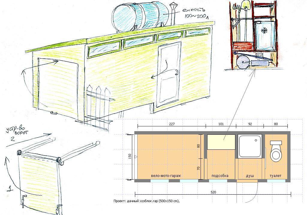 Проекты хозблока для дачи с туалетом и душем