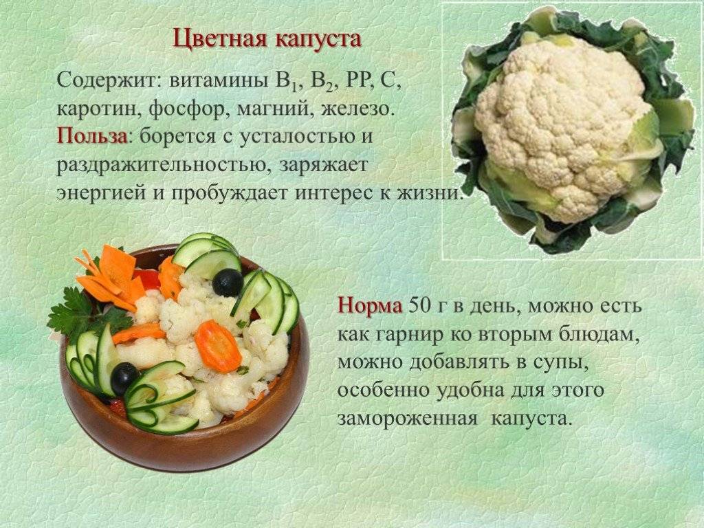 Польза и вред цветной капусты: состав, виды и свойства овоща, противопоказания и способы применения