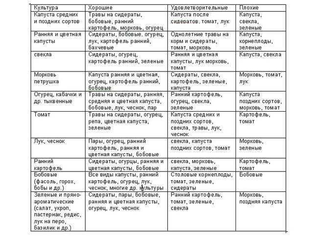 После овощей что сажать таблица